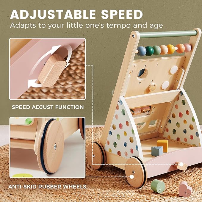 Tiny Land Wooden Baby Walker, Adjustable Speed Baby Push Walker for Boys and Girls, Montessori Activity Center Push Toy for Kids Development (Morandi)