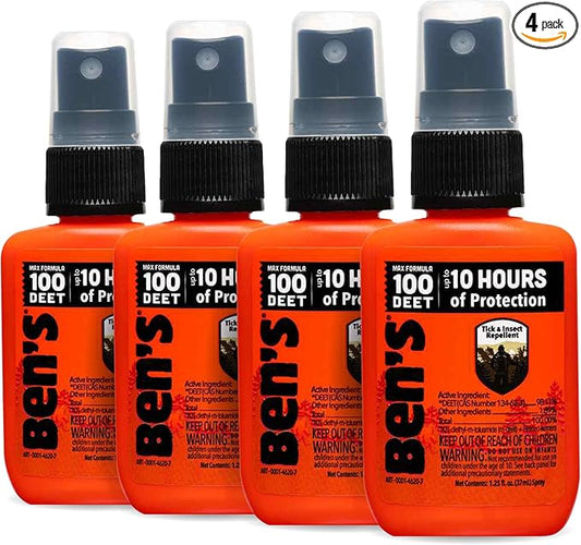 Ben's 100 Tick & Insect Repellent - Alcohol-Free DEET Insect Repellent Pump Spray - Offers 10 Hours of Protection for Adults & Children - 1.25 fl oz (Pack of 4)