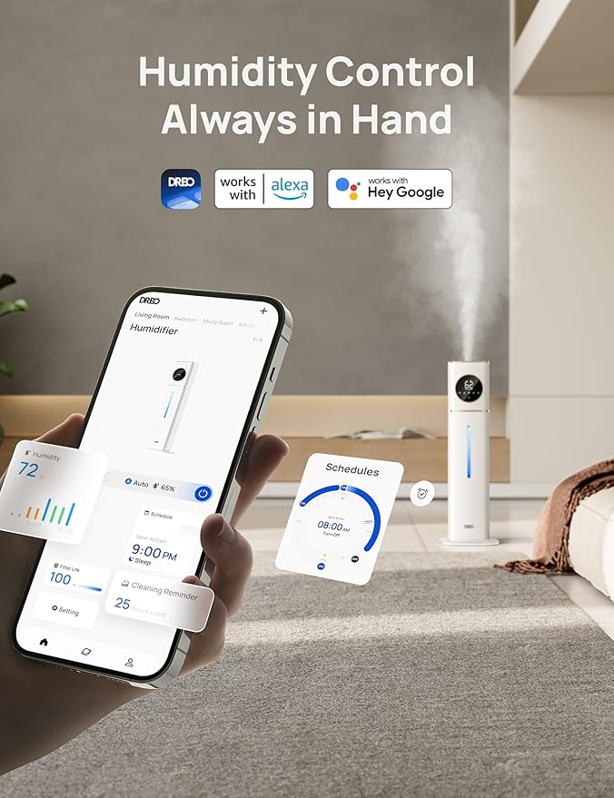 Dreo 11L Smart Humidifier Large Room 700 ft², 100H Cool Mist Air Humidifiers for Bedroom Baby Plants, Top-Fill Self-Cleaning Tank, 26dB, Auto Mode, RGB Light, Remote & APP Control, HM735S White