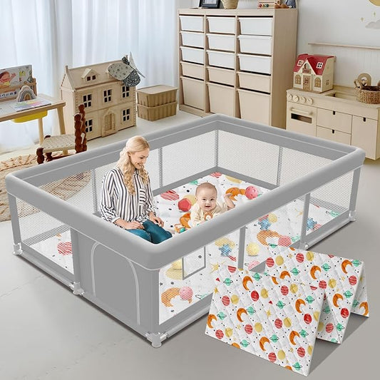 74x50 Inch Baby Playpen with Mat, Playpen with Cute Mat for Babies and Toddlers Play Pen Playards Safety Gate Fence Active Center Indoor