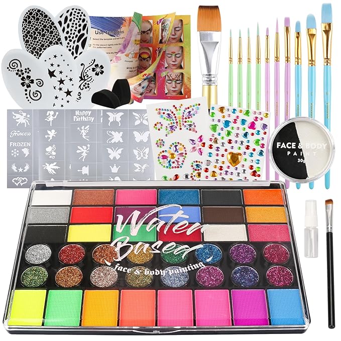 Pintada 42 Color Face Painting Kit for Kids +30g Black and White Face Paint - Non Toxic Water Based Face Paint Palette With Stencils, Brush, Gems. For Carnival, Halloween, Costume Makeup