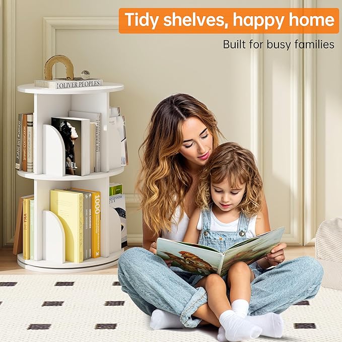 Rotating 2-Tier Bookshelf, 360° Spinning Corner Bookcase with Lazy Susan, White Space Saving Organizer for Study Room, Home Office, Kids Rooms, Bedroom, Adults & Kids