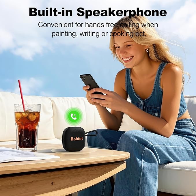 Bobtot Portable Bluetooth Speakers Wireless, IPX7 Waterproof Mini Speaker with 16 Hours Playtime, Loud Stereo Sound, TWS, Built-in Microphone, Small Size for Travel Sport, Black