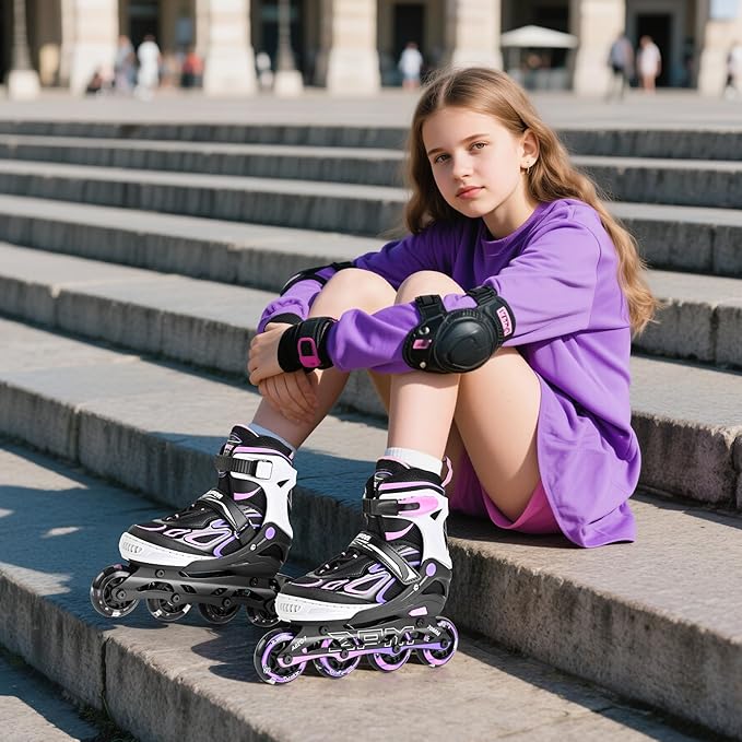 2PM SPORTS Vinal Girls Adjustable Flashing Inline Skates, All Wheels Light Up, Fun Illuminating Skates for Kids Men Adult Women and Boys