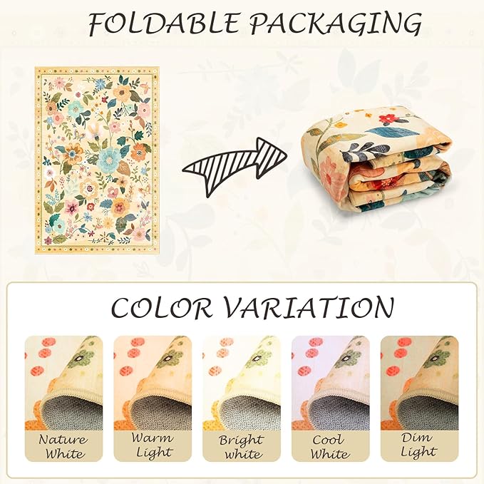 Floral 5x7 Area Rug Machine Washable Soft Print Boho Carpet Non Slip Doormat Low Pile Flower Area Rugs for Living Room Bedroom Nursery Kitchen Dining Room Indoor-Ivory/Yellow