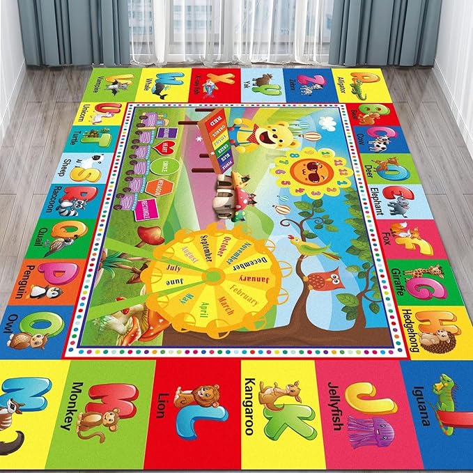 ABC Rug for Kids Room, ABC Mats for Floor Toddlers, Alphabet Play Mat Elementary Preschool Kid's Rugs wtih ABC, Numbers, Animals - (110X78.7 Inches)