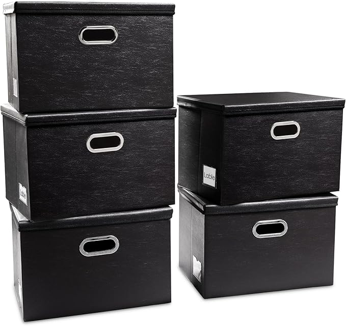 PRANDOM Extra Stackable Storage Bins with Lids [5-Pack] Leather Fabric Foldable Storage Boxes Organizer Containers Baskets Cube with Cover for Bedroom Closet Office Nursery Black (22.8x15.7x13.8)