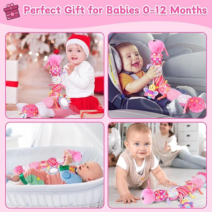 Baby Girls Toys 6-12 Months - Infant 6-in-1 Sensory Music Animal Stuffed Caterpillar Toy with Rattle & Mirror Crinkle for Tummy Time, Newborn 0 3 6 9 12 18 Shower Gifts Soothing Companion Toys, Pink