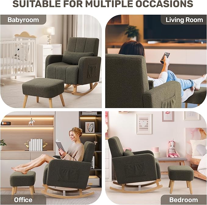 Rocking Chair with Ottoman, Upholstered Nursing Glider Rocker with High Backrest and Side Pocket, Comfy Reading Chair with Solid Wood Legs for Nursery/Living Room/Bedroom Green