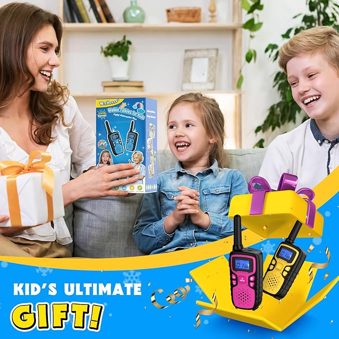 Wishouse Walkie Talkies for Kids Rechargeable Long Range,Xmas Birthday Gift for 4 5 6 7 8 9 Year Old Boys Girls,Hiking Gear Camping Games Cool Toys with NOAA,SOS Siren,Lamp,Lanyards,2 Pack Pink Yellow