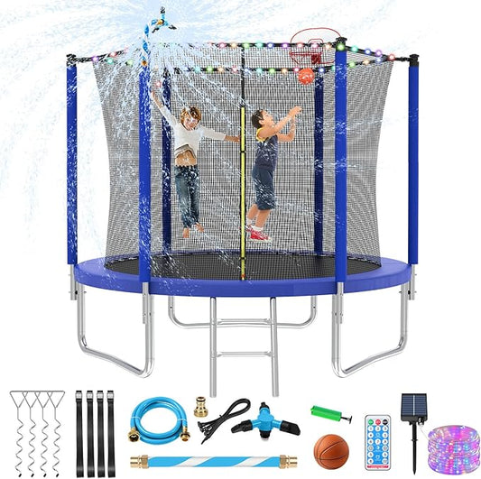Upgraded 10/12/14/15/16FT Trampoline Outdoor, Large Kids Trampoline with Light, Stakes, Sprinkler, Backyard Trampoline with Basketball Hoop and Net, Capacity for 4-6 Kids and Adults