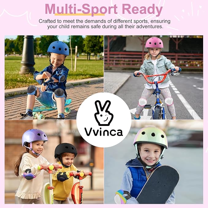 Vvinca Kids Toddlers Bike Helmet Adjustable for Ages 3-5-8 Years, Knee Pads and Elbow Pads Set Wrist Guard Sports Protective Gear Set for Roller Skate Bicycle Skateboard Scooter Girl Boy Birthday Gift