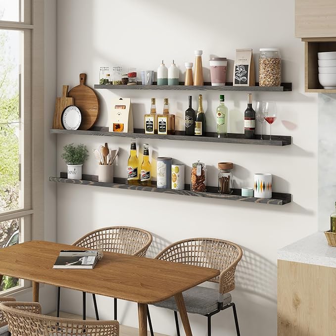 Picture Ledge Shelf, Floating Shelves Set of 2, Solid Pine Wood 55'' Long Large Nursery Book Shelves for Toys Storage, Kids Bookshelf for Living Room Bedroom Decor Books Photo Frames, Grey