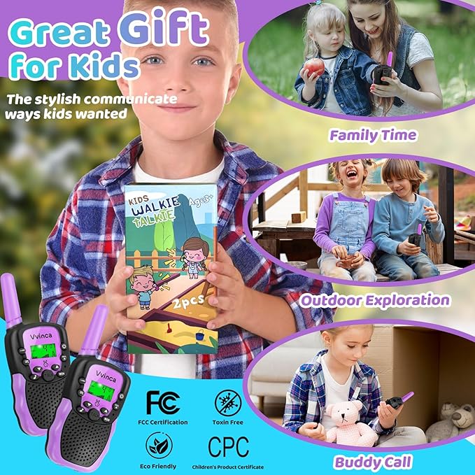 Vvinca Walkie Talkies for Kids, Rechargeable Walkie Talkie 2 Pack Toy Gift for 3-12 Year Old Girl Boy with 22 Channel 2 Way Radio Flashlight 3 Mile Long Range for Adventure Game Camping Outdoor