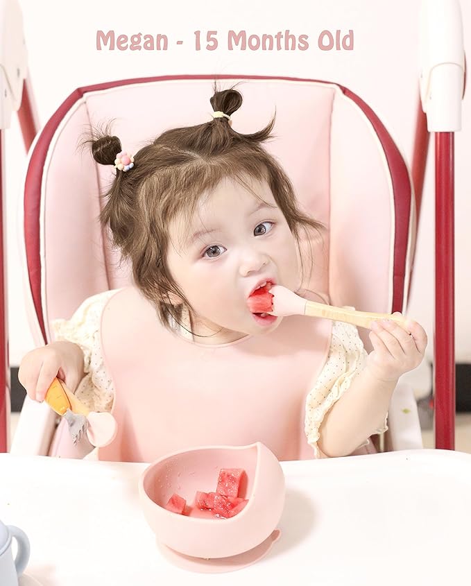 Ginbear Silicone Baby Spoons and Forks Self-feeding 12-18 Months, Soft-Tip Baby Flatware Sets for Girl, Toddler Feeding Utensils for Child, 4 Piece Set (Mauve/Pink)