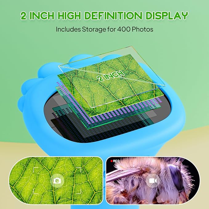 Kids Microscope, Pocket Portable Microscope with 2'' Inch Screen - Powerful Magnification Mini Microscopes Magnifying Glass with Lights, Ideal Christmas Birthday Gifts for Age 3-12 Boys - Blue
