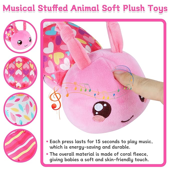 Baby Girls Toys 6-12 Months - Infant 6-in-1 Sensory Music Animal Stuffed Caterpillar Toy with Rattle & Mirror Crinkle for Tummy Time, Newborn 0 3 6 9 12 18 Shower Gifts Soothing Companion Toys, Pink