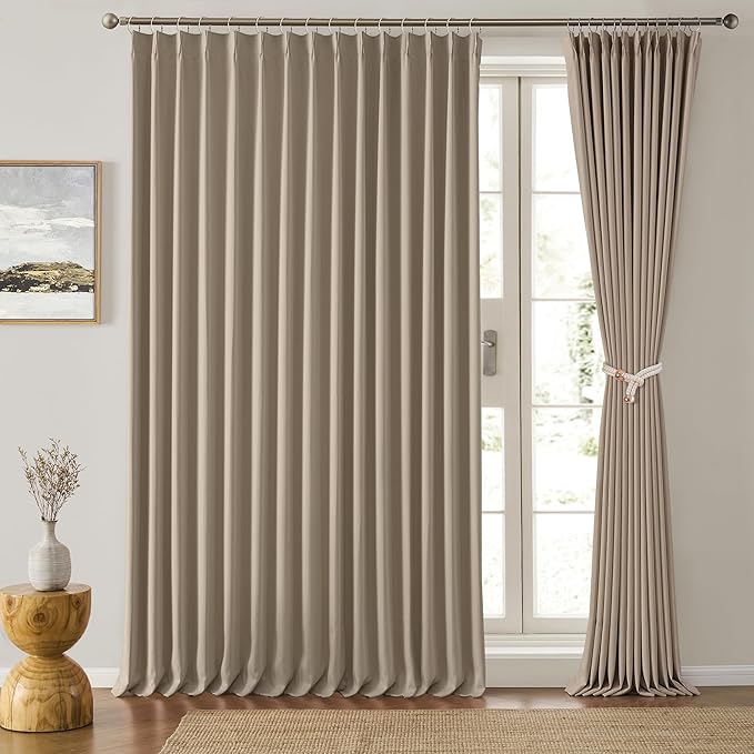 Pinch Pleated Patio Sliding Door Curtains 84 Inch Length, Blackout Room Divider Vertical Blinds Curtain Drapes for Living Room Dining Room French Door(Khaki, 100 Inch Wide per Panel, 2 Panels)