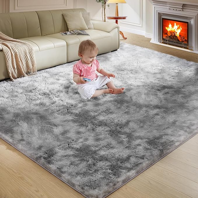 Ultra Soft Rug for Living Room, 6X9 Fluffy Shag Area Rug for Bedroom, Modern Shaggy Carpets Fuzzy Rug for Teens Dorm Nursery Home Decor Aesthetic, Upgrade Anti-Skid Durable, Tie-Dyed Light Grey