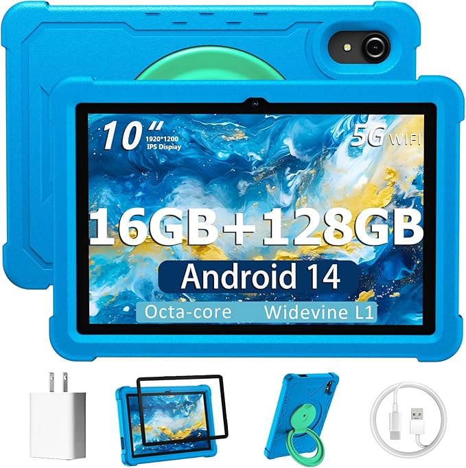 HUIHUANG Tablet 10 Inch Android 14 Tablet, 16GB RAM 128GB ROM, 1TB Expansion, Octa-core, Large Capacity Battery, 5MP + 8MP Dual Camera, 5G/2.4G WiFi, Bluetooth 5.0, GPS, Drop-Proof Case (Blue)