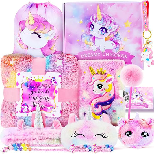 13PCS Unicorns Gifts for Girls Kids Toys 3 4 5 6 7 8 9 10 Years Old with Stationery Plush Diary with Lock/Glowing Blanket/Eye Mask/Crossbody Bag Teen Girl Birthday Christmas Unicorn Toy