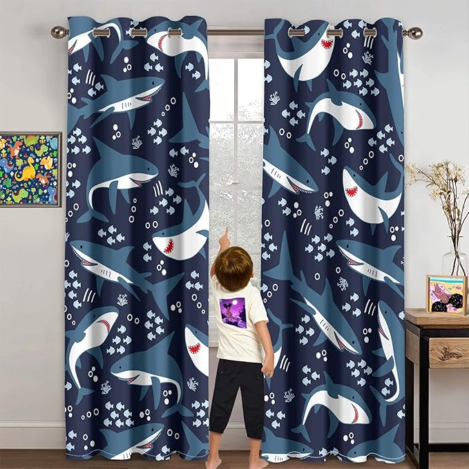 Cartoon Shark Blackout Curtain Panels Curtains Blue Curtains for Boys Bedroom Grommet Top Window Treatment 2 Panels Drapes Kids Room Decor Navy Blue Curtains 84 Inch Length, 82''x84''