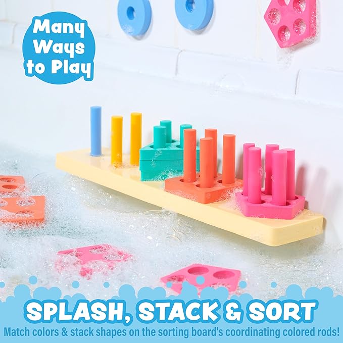 Tub Works® Splash, Stack & Sort™ Shape Sorter & Stacking Toddler Bath Toy | 20 Foam Pieces | Color Sorting & Shape Stacking Kids Bath Toys | Floats & Sticks to Tub Walls | Early Learning Bathtub Toys