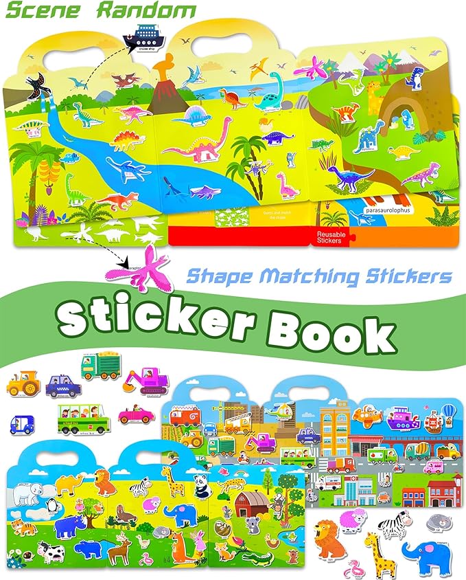 Reusable Sticker Book for Toddlers 2-4 Years, Stickers for Kids, Toddler Sticker Book Ages 1-3, Toddler Craft Activities, Toddlers Travel Toys Ages 2+ Boy Girl Birthday Gifts