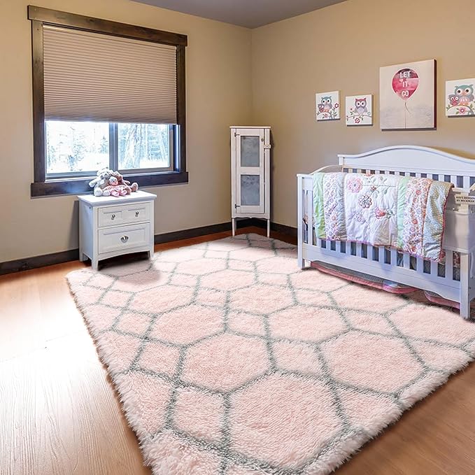 ONASAR Rugs for Living Room Bedroom, 5x8 Washable Fluffy Pink and Grey Area Rug, Geometric Boho Soft Plush Shaggy Fuzzy Floor Carpet for Nursery Kids Girls Boys Teen Dorm Home Decor Aesthetic