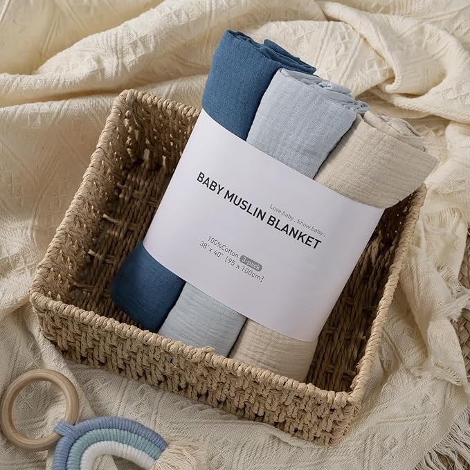 Muslin Swaddle Blankets for Newborn, 3 Pack Breathable Soft Receiving Blanket, Large 38 x 40 inches Swaddle Wrap Burping Clothes Diapers, Essentials Infant Shower Items, Toddler Gift (Graceful Colors)