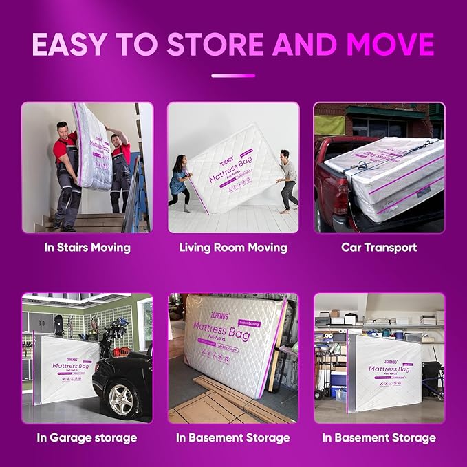 ZCHENBS® – Mattress Bags for Moving and Storage,Mattress Bag with Zippers,5 Mil Ultra-Thick Bed Bag,Waterproof,Anti-Tear,Heavy-Duty Mattress bag (Tansparent/Purple, Full/Full XL-(1 Pack))