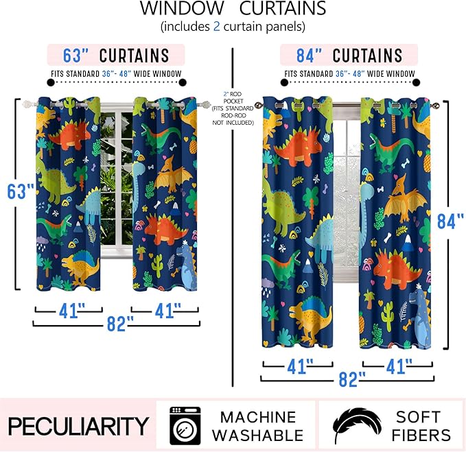 Cartoon Dinosaur Blackout Curtain Panels Curtains Blue Curtains for Boys Bedroom Grommet Top Window Treatment 2 Panels Drapes Kids Room Decor Navy Blue Curtains 84 Inch Length, 82" x 84"