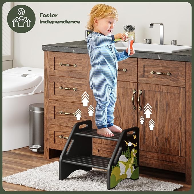 AMBIRD Toddler Step Stool, Dinosaur Wooden Two Step Stool for Kids with Non-Slip Pads, Portable Potty Training Stool with Handles for Bathroom, Sink, Kitchen, Bedroom