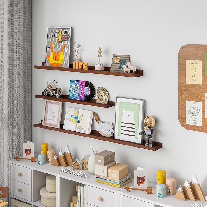 Solid Ash Wood Floating Shelves, Wood Picture Ledge Shelf Set of 2, 48 Inch Long Large Photo Ledge Shelves, Nursery Book Shelves Wall Mounted for Living Room Kids' Bedroom Decor, Color Walnut