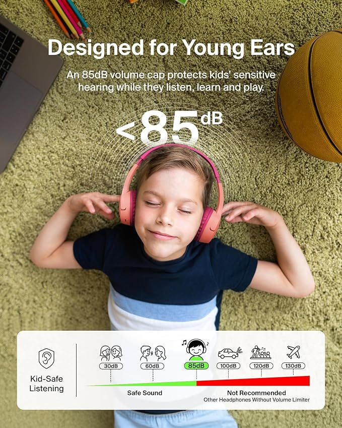 Belkin SoundForm Mini w/Case - Wireless Bluetooth Kids Headphones with 30H Battery Life, 85dB Safe Volume Limit, Built-in Microphone - Kids On-Ear Earphones for iPhone, iPad, & More - Pink