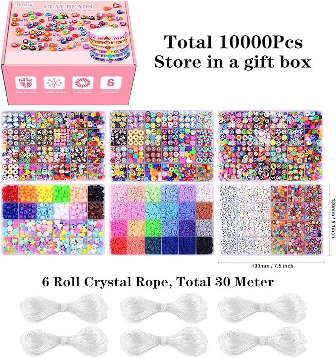 Christmas Gift Set,10000PCS Polymer Clay Beads Bracelet Making kit, Cute Fun Beads Fruit Flower Animal Cake Butterfly Heart Beads Charms for Jewelry Making DIY Accessories for Children Girls
