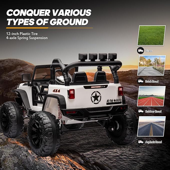 24V 9Ah Ride on Toy for Big Kids, 4WD 2 Seater Ride on Car Truck with Remote Control, 4x200W Motor - White