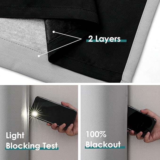 ChrisDowa 100% Blackout Curtains for Bedroom with Black Liner, 2 Thick Layers Total Blackout Thermal Insulated Grommet Long Window Curtains 2 Panels Set (Light Grey, 52 x 95 Inch)