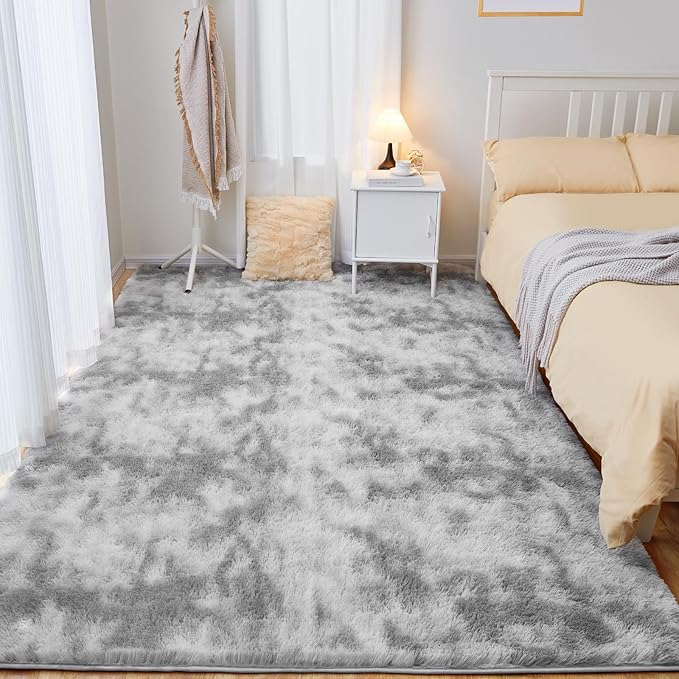 Ultra Soft Area Rugs for Living Room, 5x7 Tie-Dyed Light Grey Fluffy Plush Rugs for Bedroom, Non-Slip Floor Carpet for Nursery, Bedside, Playroom, Corridor, Indoor Decor