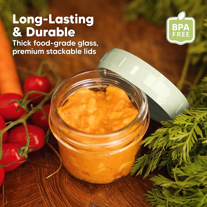 KeaBabies 12pk 4oz Glass Baby Food Containers with Lids - Leak-Proof, Microwavable Small Glass Jars, Baby Purees & Toddler Snack Storage Containers, BPA-Free, Dishwasher & Freezer Safe (Sage)