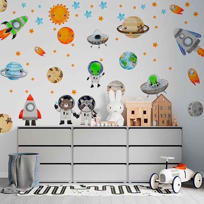 Solar System Wall Decals Astronaut Animals - Peel and Stick Outer Space Stickers with Planets and Stars for Kids Room, Boys or Girls Bedroom, Toddler Nursery, Playroom, Daycare Wall Decor -L Size