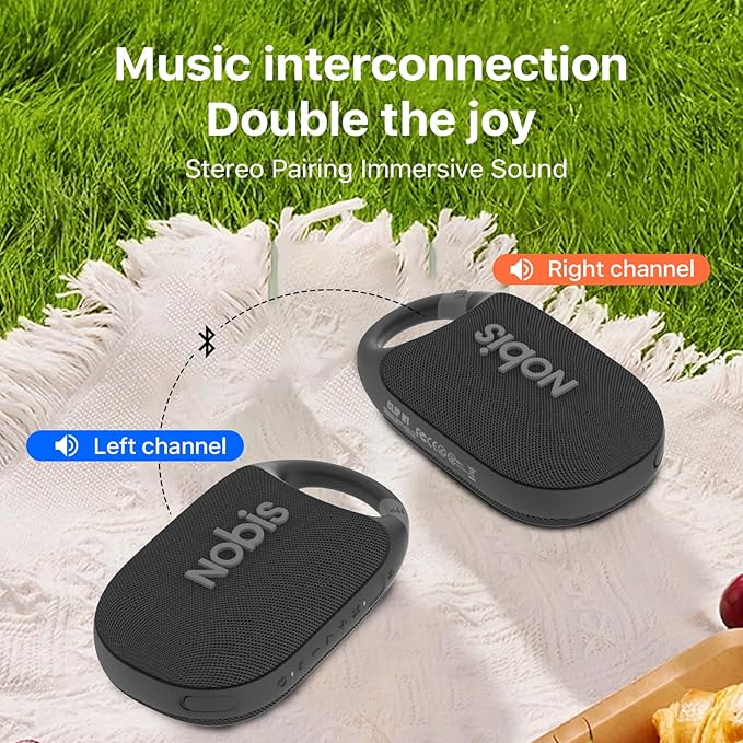 NOBIS Clip N1 Portable Bluetooth Speaker with App, Beat Mode, Up to 24H Playtime, IP68 Waterproof, BT 5.3, HD Sound, Stereo Pairing, Custom EQ, Perfect for Outdoor, Home and Adventure (Black)