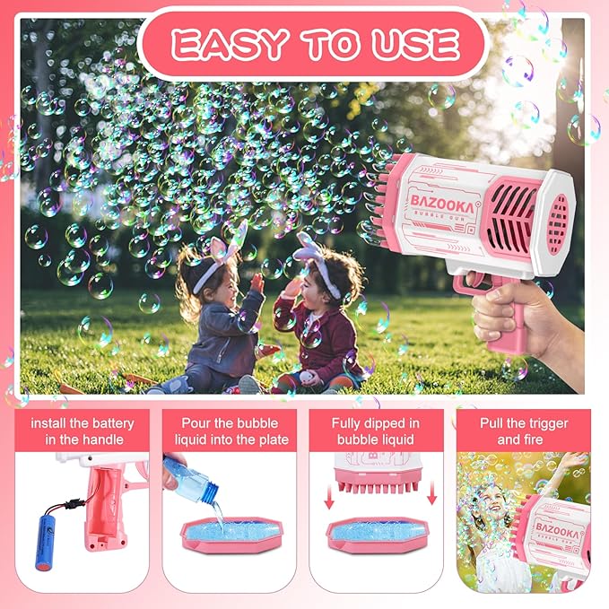 Bubble Machine Gun, 69 Holes Bubble Gun with Lights, Pink Outdoor Summer Beach Kids Bubbles Toys Birthday Wedding Party Halloween Fun for Girls Boys