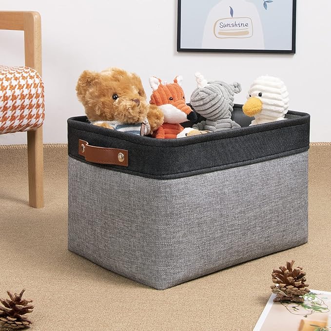 DULLEMELO Canvas Storage Bin with Handles, Fabric Bins for Shelves, Bedroom, Office,Nursery,Fabric Storage Baskets for Toys, Clothes,Gift(Black&Grey,15"x11"x9.5",4-Pack)