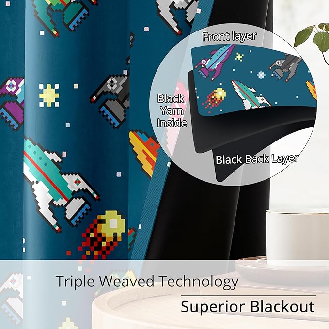 Kids Pixel Rocket Blackout Curtains - 100% Blackout, Thermal Insulated, Noise Reducing, Perfect for Kids Room and Nursery, 2 Panels (Pixel Rocket Fleet, W52×L63)