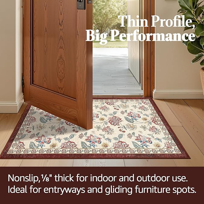 jinchan 3x5 Floral Rug for Entryway Washable Kitchen Rug Vintage Romance Design Small Mat Non Slip Indoor Doormat Lightweight Low-Profile Throw Carpet for Entrance Bathroom Laundry Room, Red/Beige