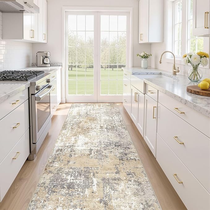 Runner Rug Kitchen Washable Rugs: 2x6 Non-Slip Abstract Soft Modern Stain Resistant Indoor Floor Neutral Accent Throw Carpet for Hallway Bathroom Laundry Room Entryway Bedroom- Gray Gold