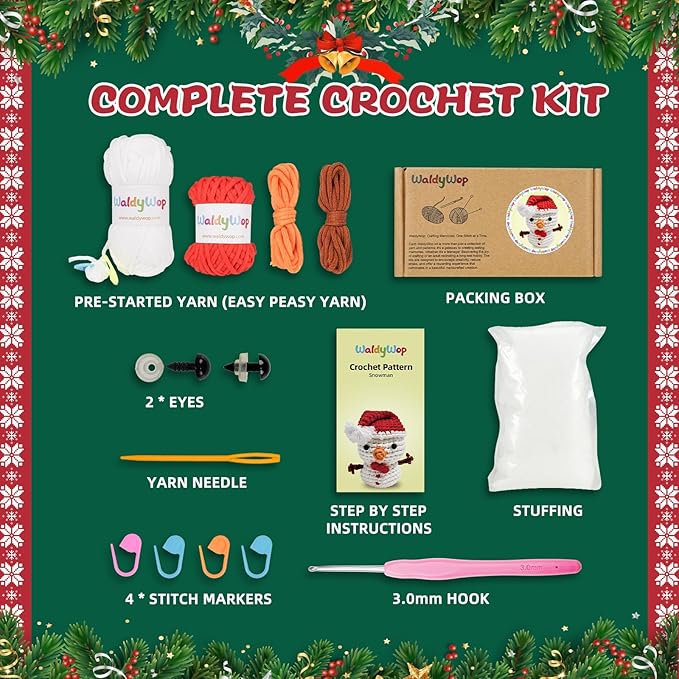Christmas Snowman Crochet Kit for Beginners, Crochet Starter Kit for Kids Adults, Learn to Crochet w/Step-by-Step Video Tutorials, Pre-Started Yarn, Hook, DIY Amigurumi Craft Gifts for Christmas Décor