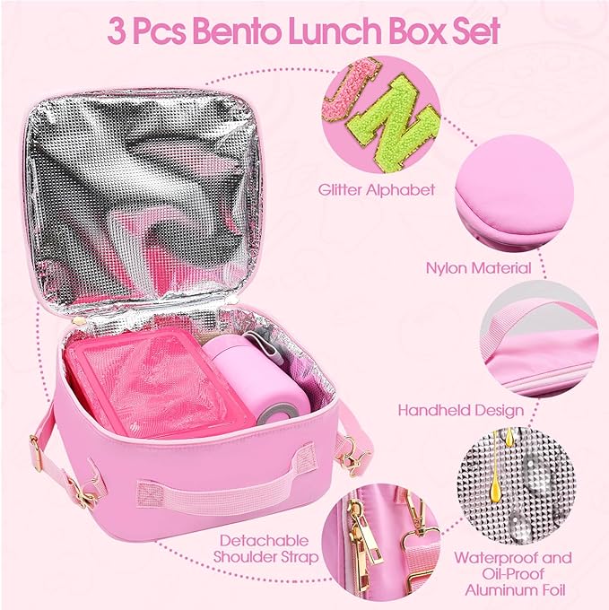 Pink Lunch Box for Girls with 10oz Thermo, with 6 Compartment Bento Box, Nylon Insulated Lunch Bag Adjustable Strap for Girl Kids Teens School Travel Picnic