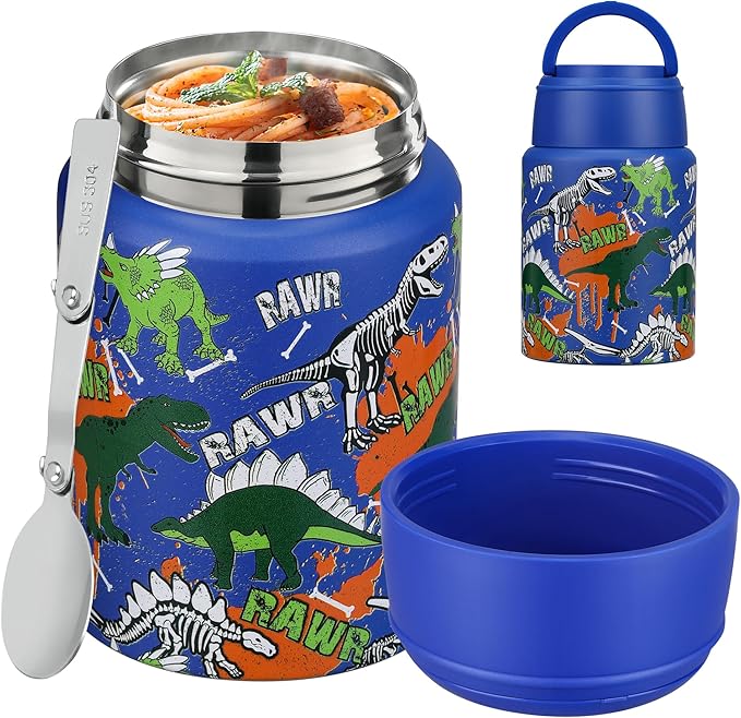 Soup Thermo for Hot Food Kids 16oz Insulated Food Jar Leakproof Thermo Lunch Container for Kids Wide-Mouth Stainless Steel Lunch Box for School with Handle Folding Spoon(3+)